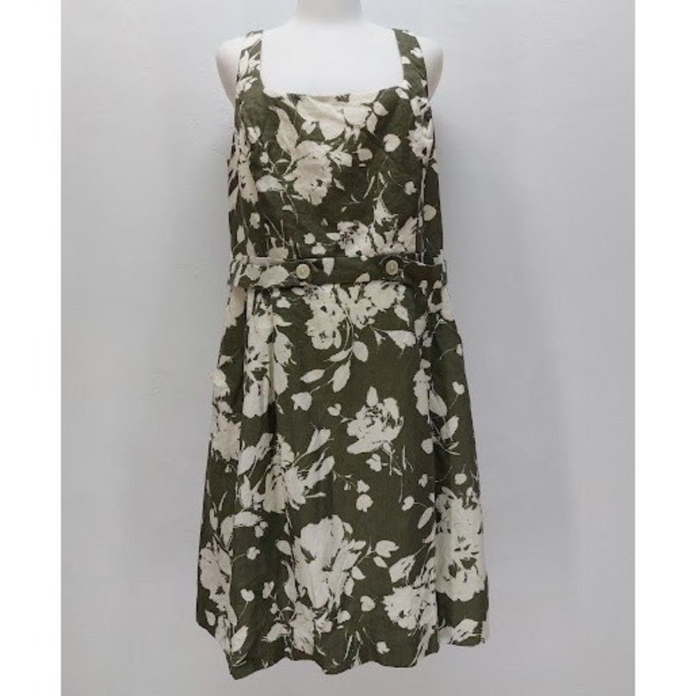 Lauren Ralph Lauren Linen Floral Dress Women's 16 Green Cream Midi Cottagecore